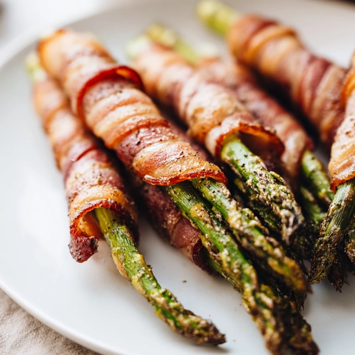 Tender green asparagus spears spiraled with smoky bacon, cooked to perfect crispiness