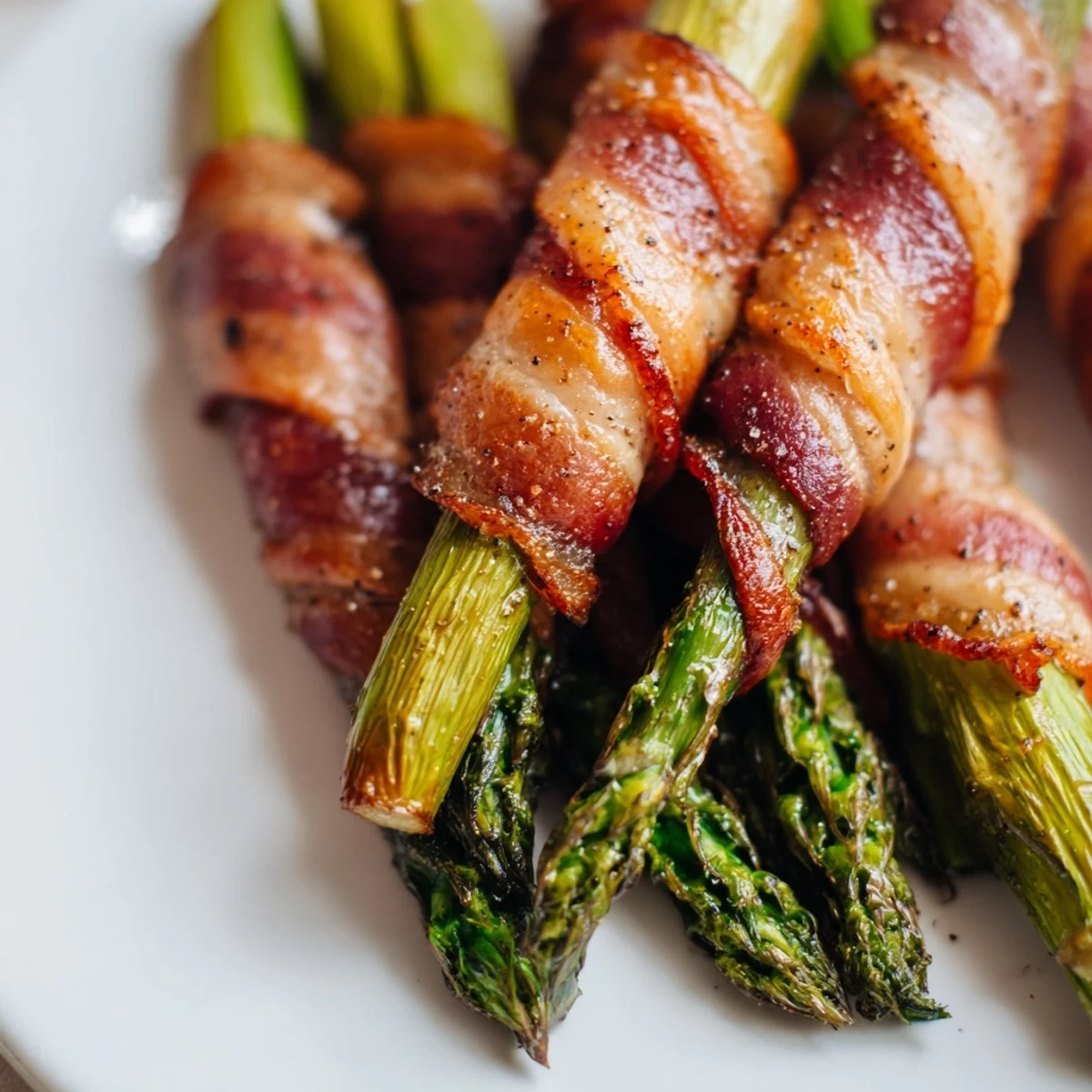 Golden roasted bacon wrapped asparagus arranged on parchment, ready for serving as appetizer