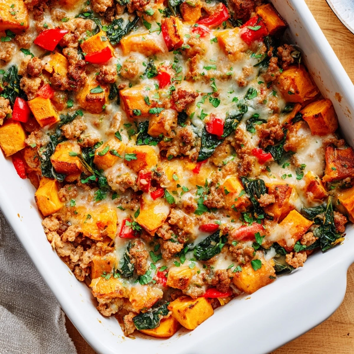 Golden cheesy ground turkey sweet potato bake with tender vegetables bubbling in a casserole dish