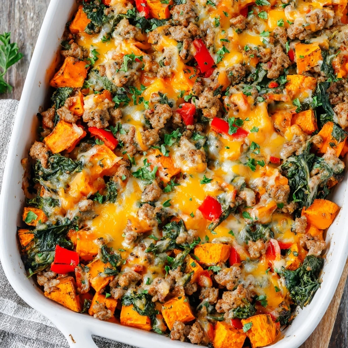 Hearty gluten-free casserole featuring seasoned ground turkey layered with sweet potatoes and melted cheddar cheese