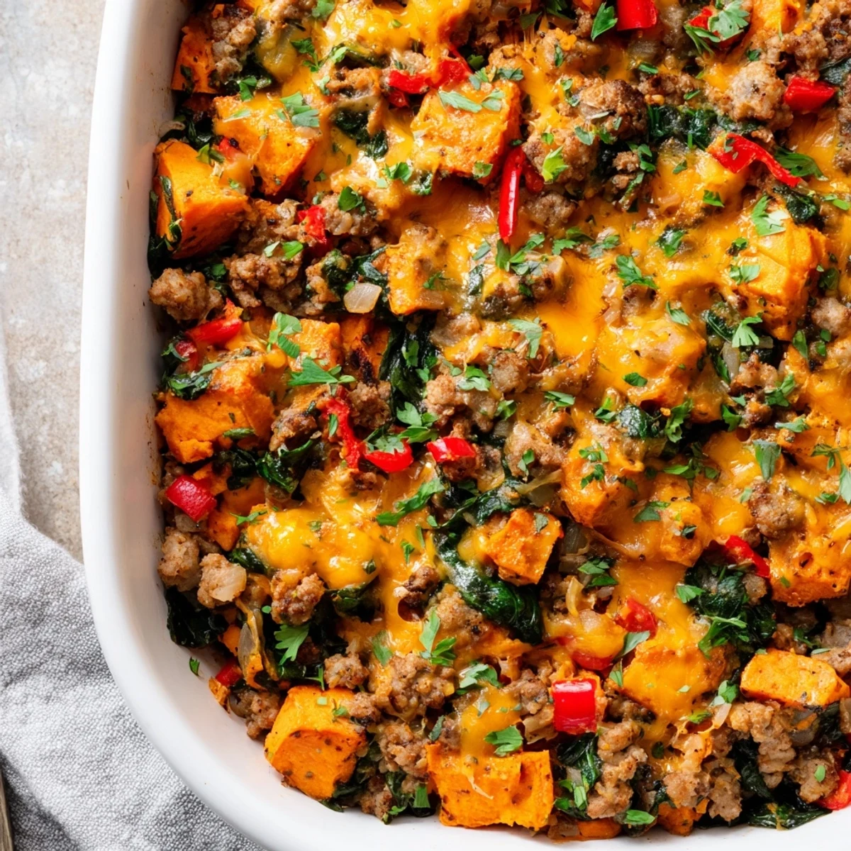 Savory turkey and sweet potato bake topped with golden cheese and fresh parsley garnish