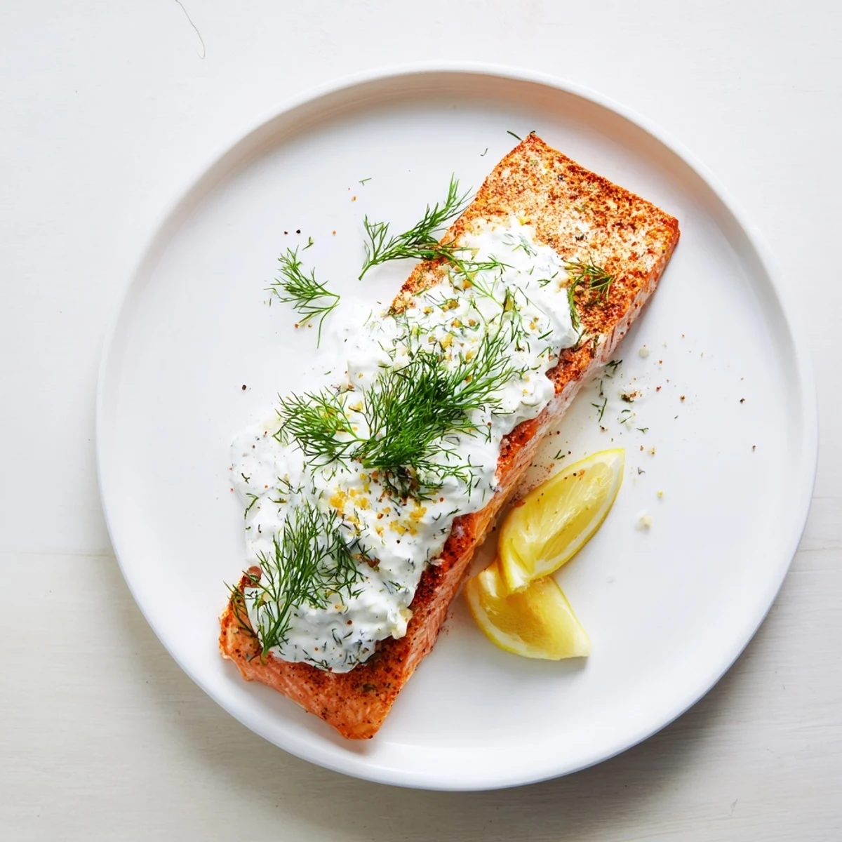Golden oven-roasted Mediterranean salmon fillets topped with creamy lemon dill yogurt sauce