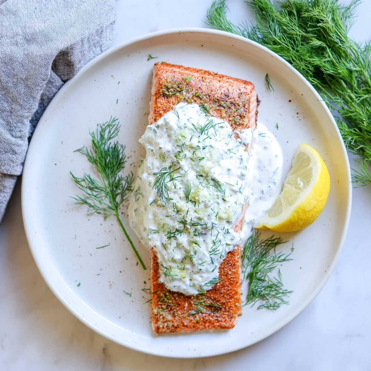 Flaky salmon with zesty yogurt sauce garnished with fresh dill and lemon wedges