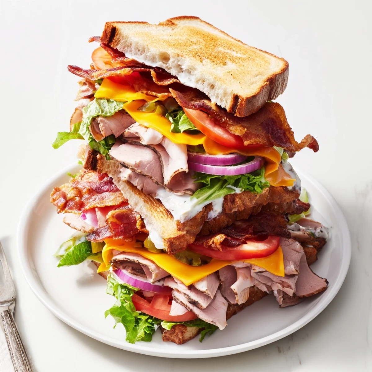 Hearty ultimate turkey beef bacon ranch sandwich cut in half revealing colorful lettuce, tomato, and melted cheese layers