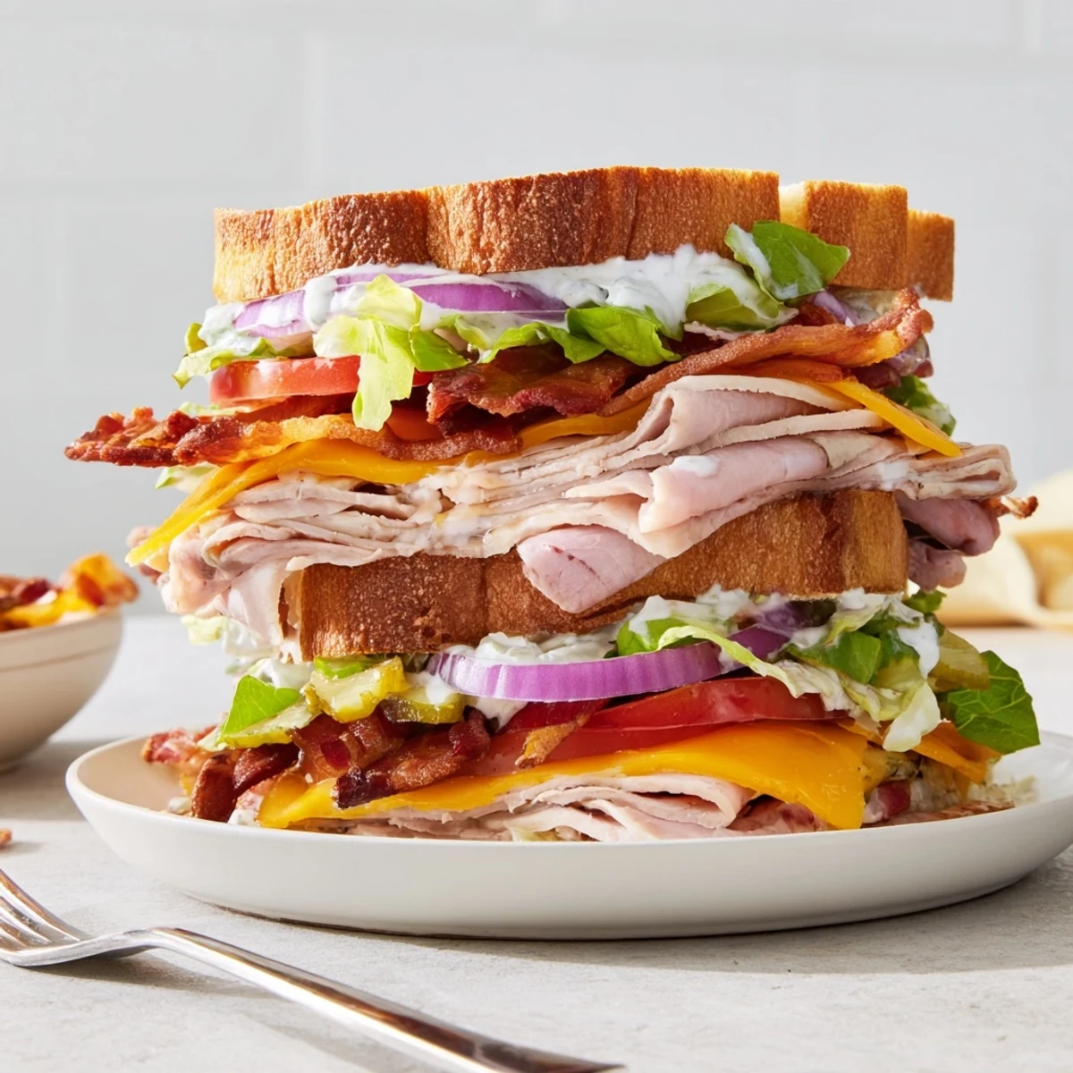 Crispy bacon-topped turkey beef bacon ranch sandwich served on a wooden board with fresh tomato and red onion slices