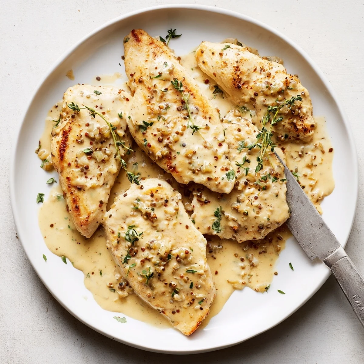 Creamy French mustard chicken plated over white sauce dotted with herbs and pan-seared to golden perfection