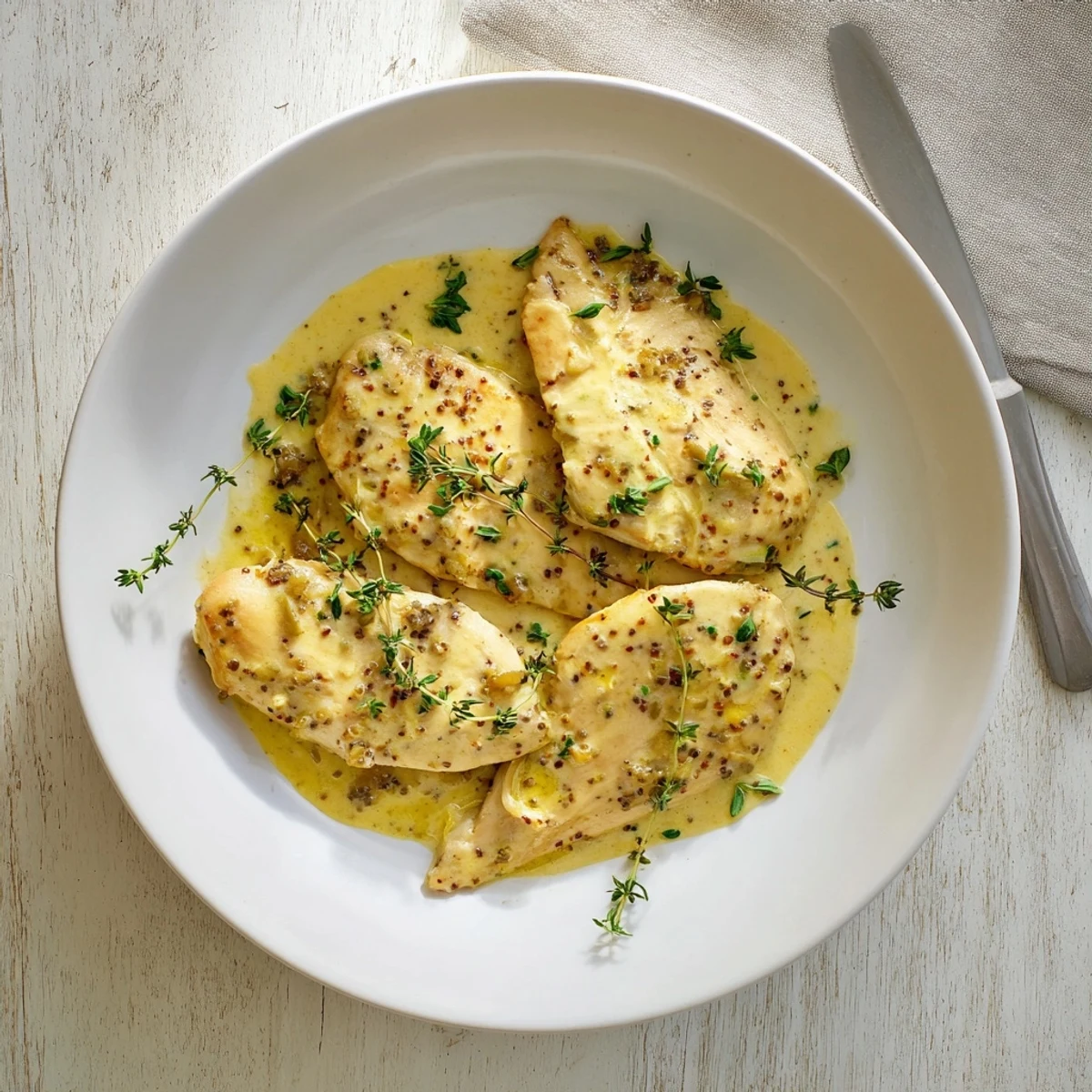 Golden pan-seared chicken breasts swimming in a rich creamy Dijon mustard sauce with fresh parsley garnish