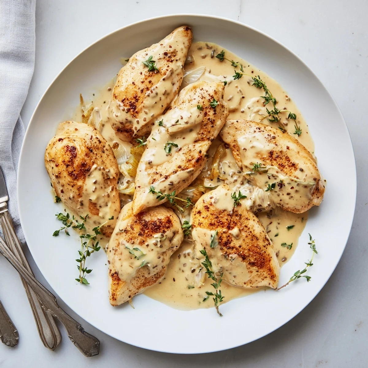 Tender chicken smothered in luscious white wine mustard cream sauce finished with green parsley sprinkles