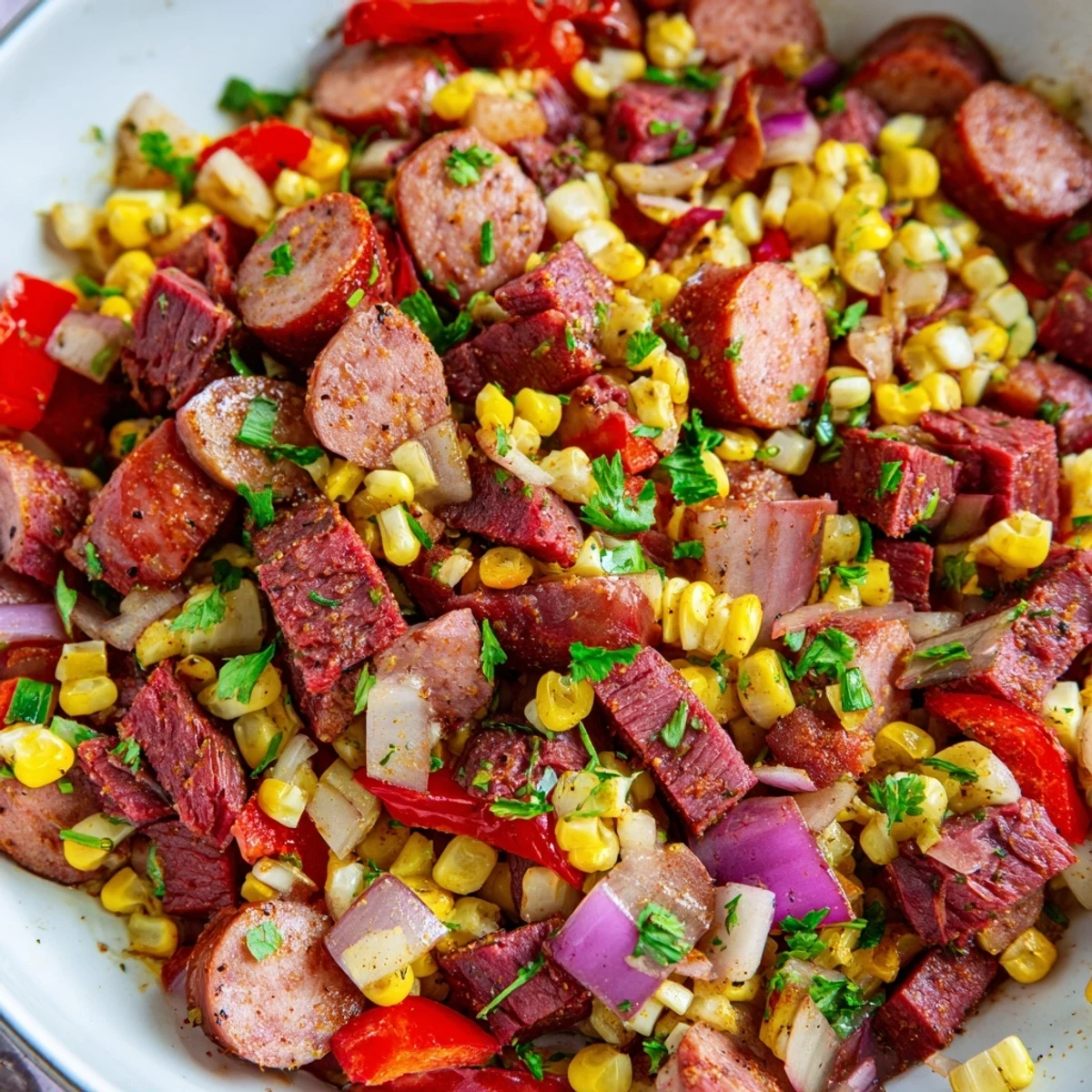 Golden Cajun corned beef and sausage skillet colorful with peppers corn