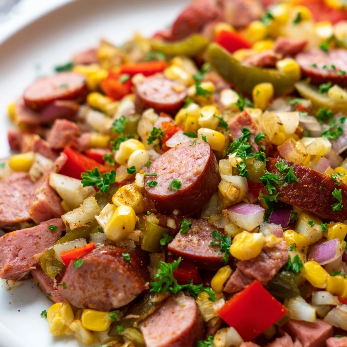 Savory Cajun corned beef sausage skillet sizzling with diced peppers fresh corn garnish