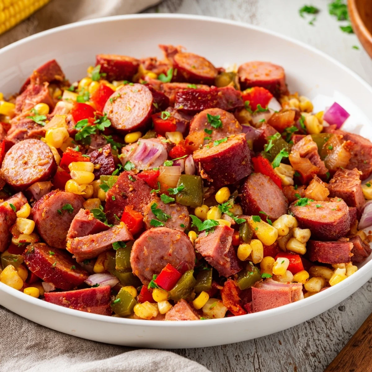 Zesty Cajun corned beef and sausage skillet meal served hot with parsley