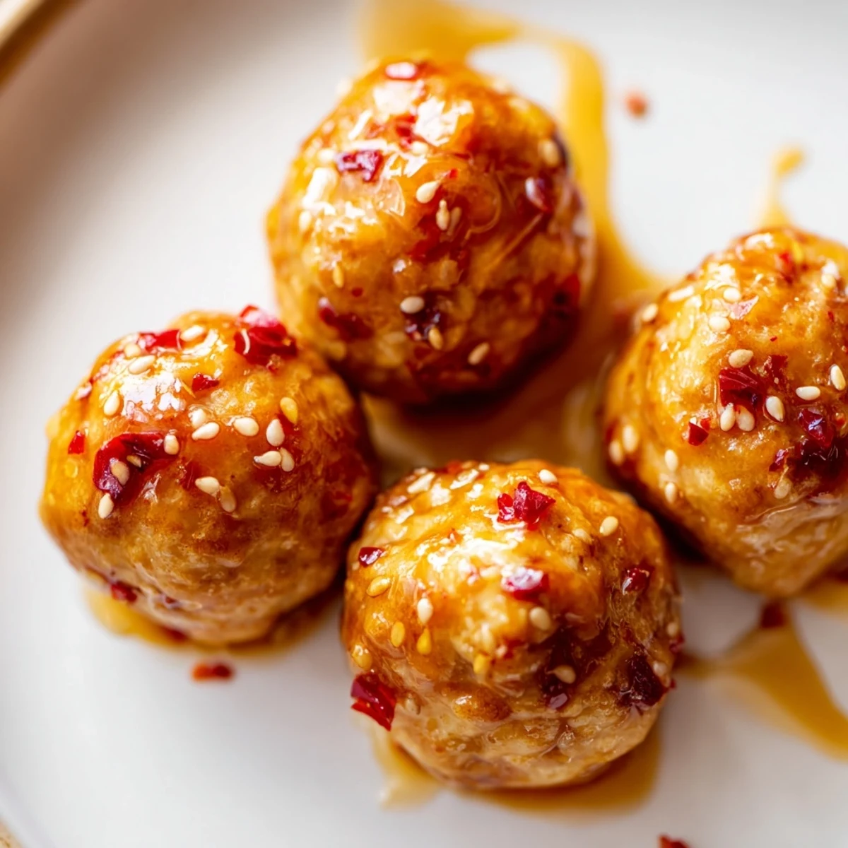 Juicy baked chicken meatballs coated in sweet tangy firecracker sauce with green onion garnish
