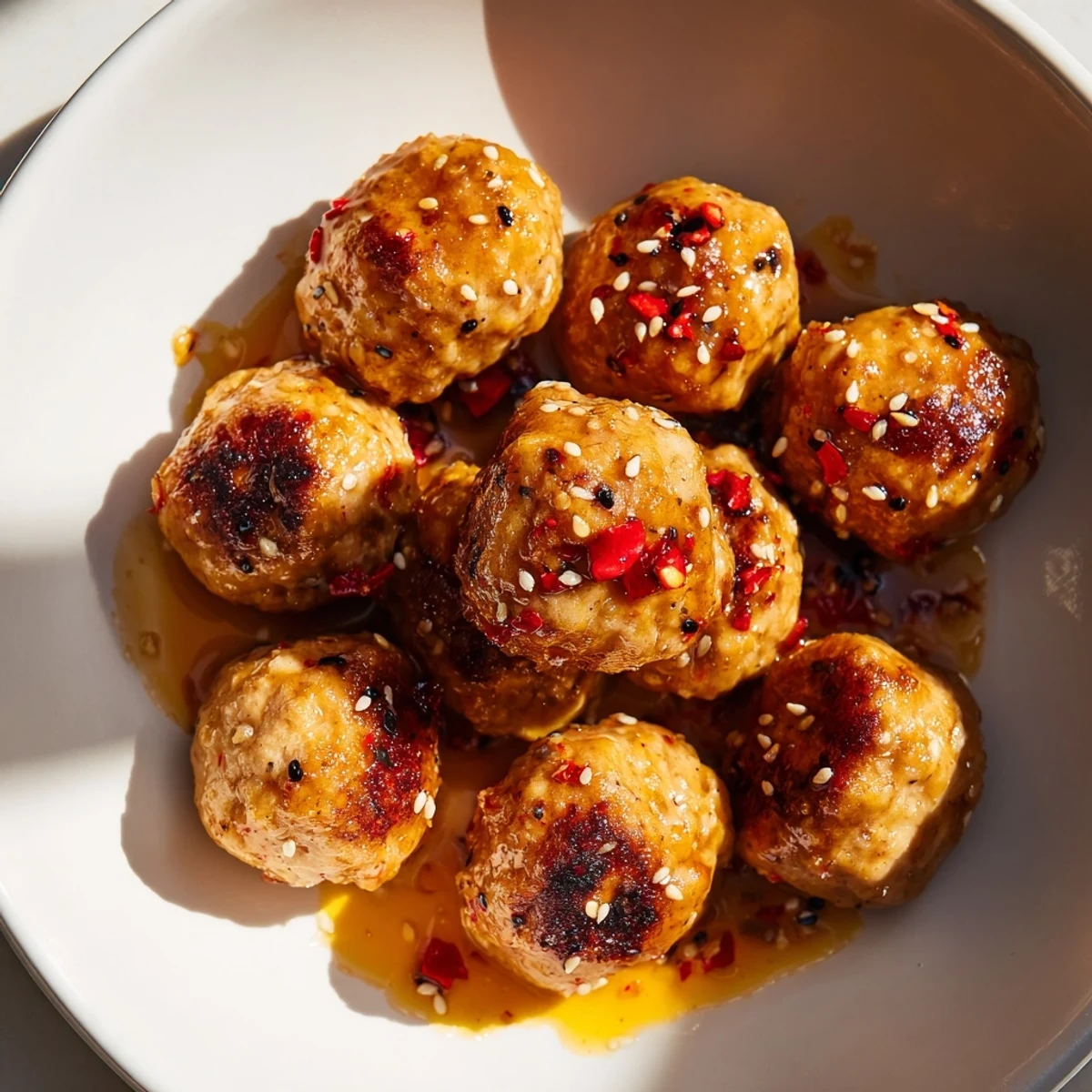 Golden firecracker chicken meatballs glazed in spicy red sauce and sprinkled with sesame seeds