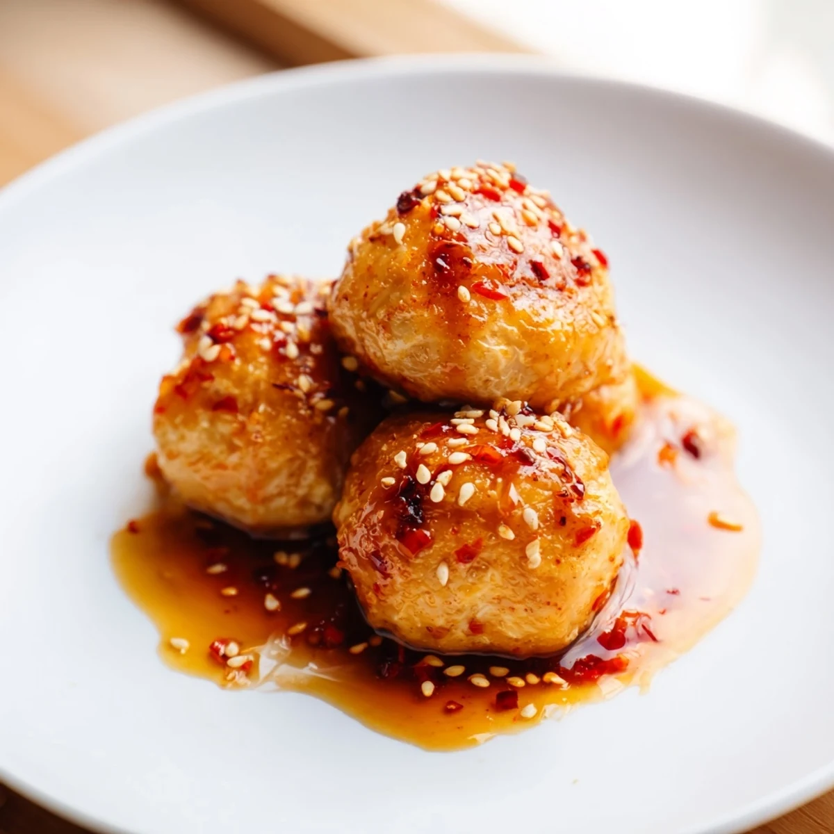 Crispy firecracker chicken meatballs tossed in spicy honey butter sauce topped with fresh sesame seeds