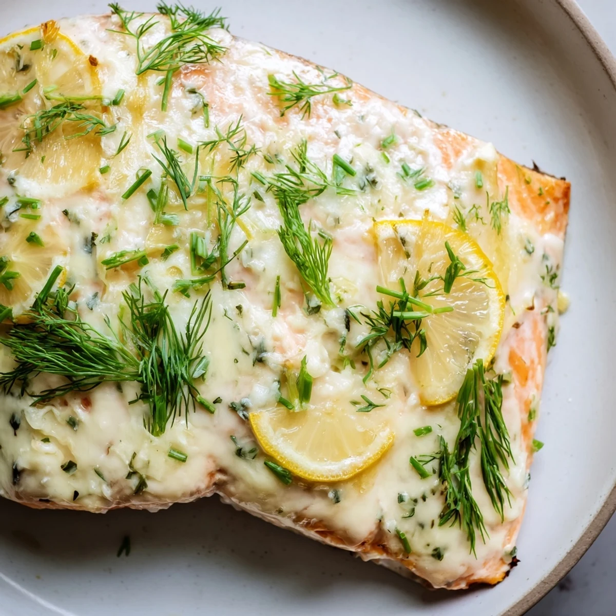 Creamy Boursin salmon fillets with bubbling cheese crust and chopped chive garnish on plate