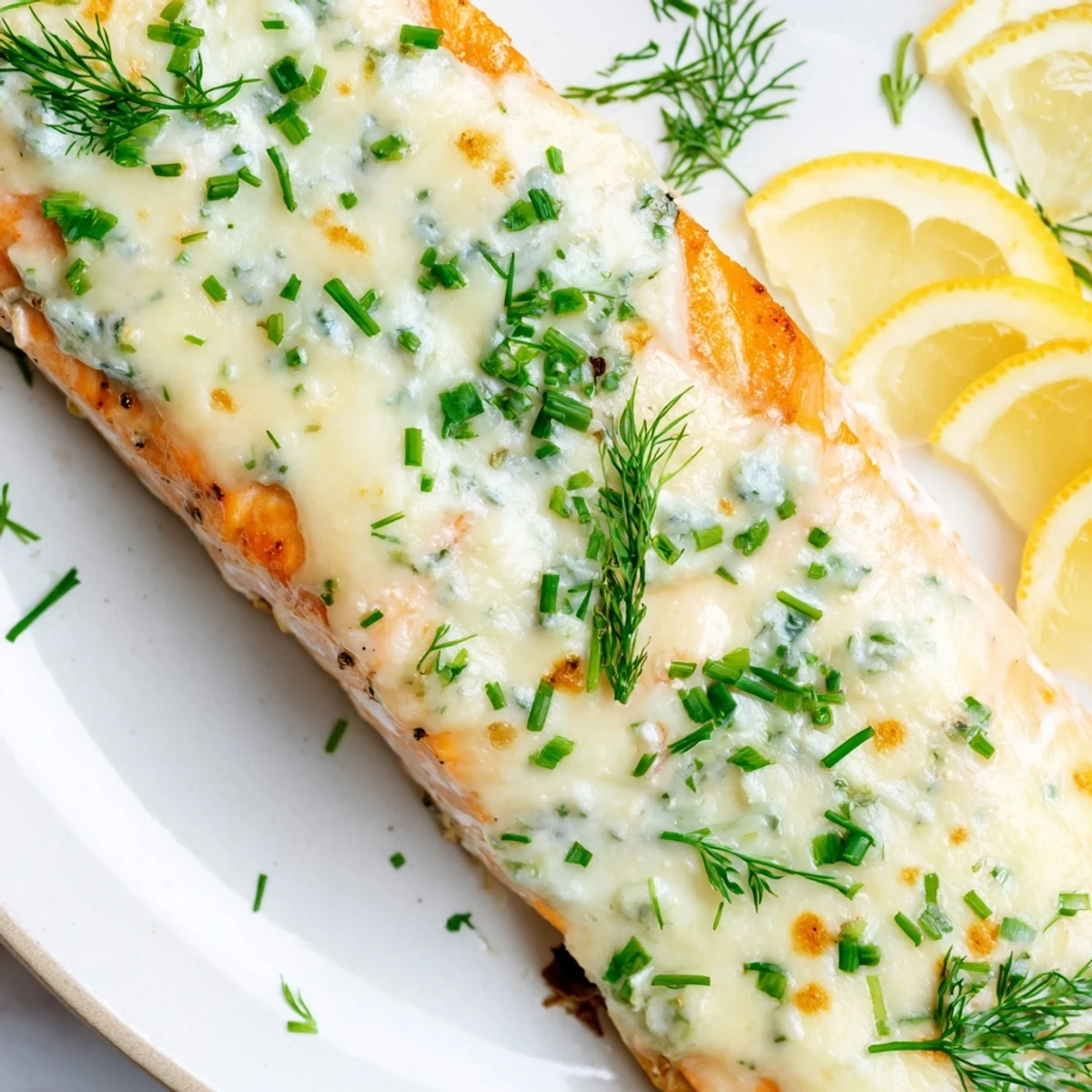 Golden baked Boursin salmon topped with melted herb cheese and fresh lemon slices