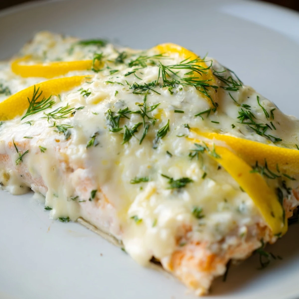 Oven-baked salmon with savory Boursin herb cheese spread and bright lemon wheel garnish
