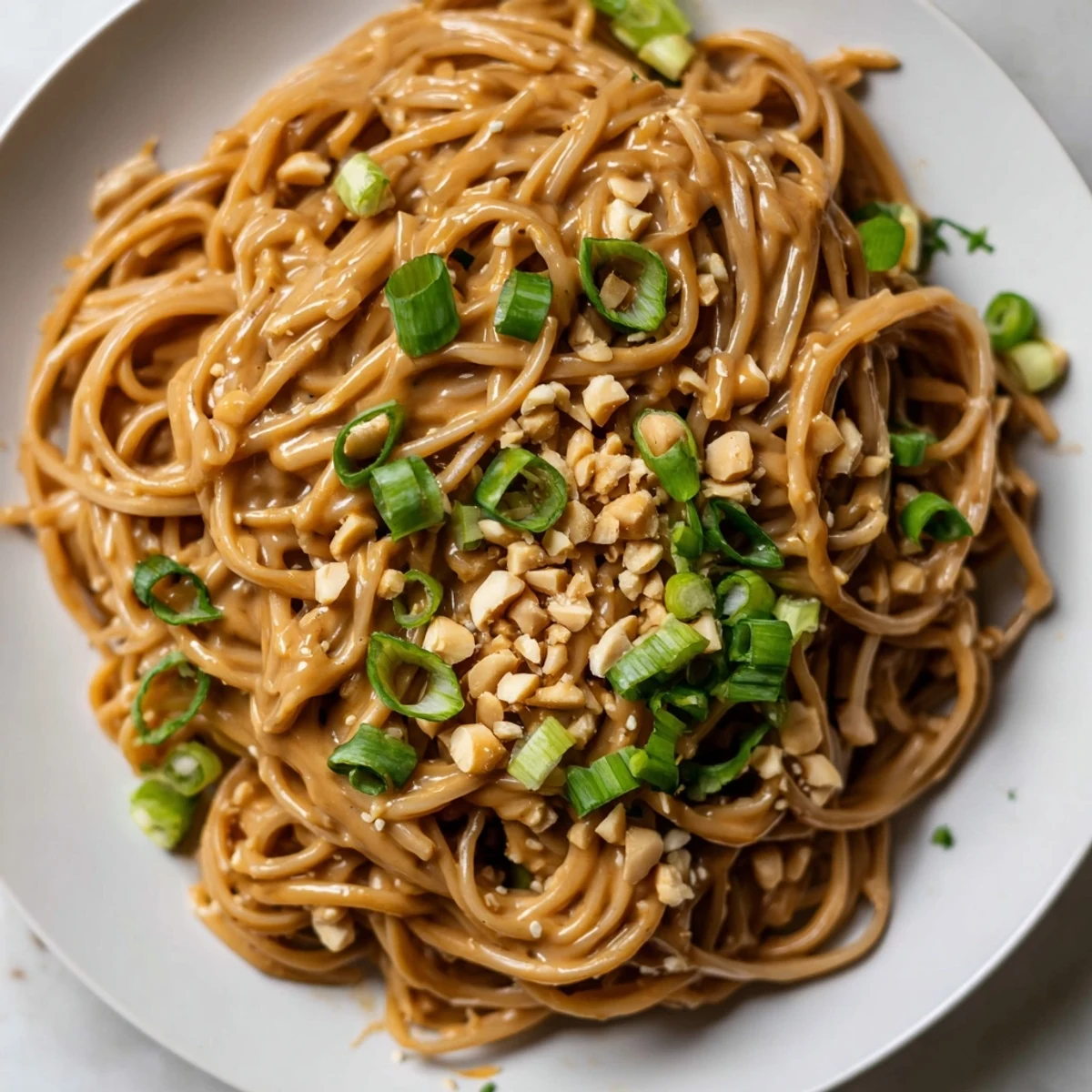 Glossy sticky peanut butter noodles coated in rich creamy sauce with chopped peanut garnish