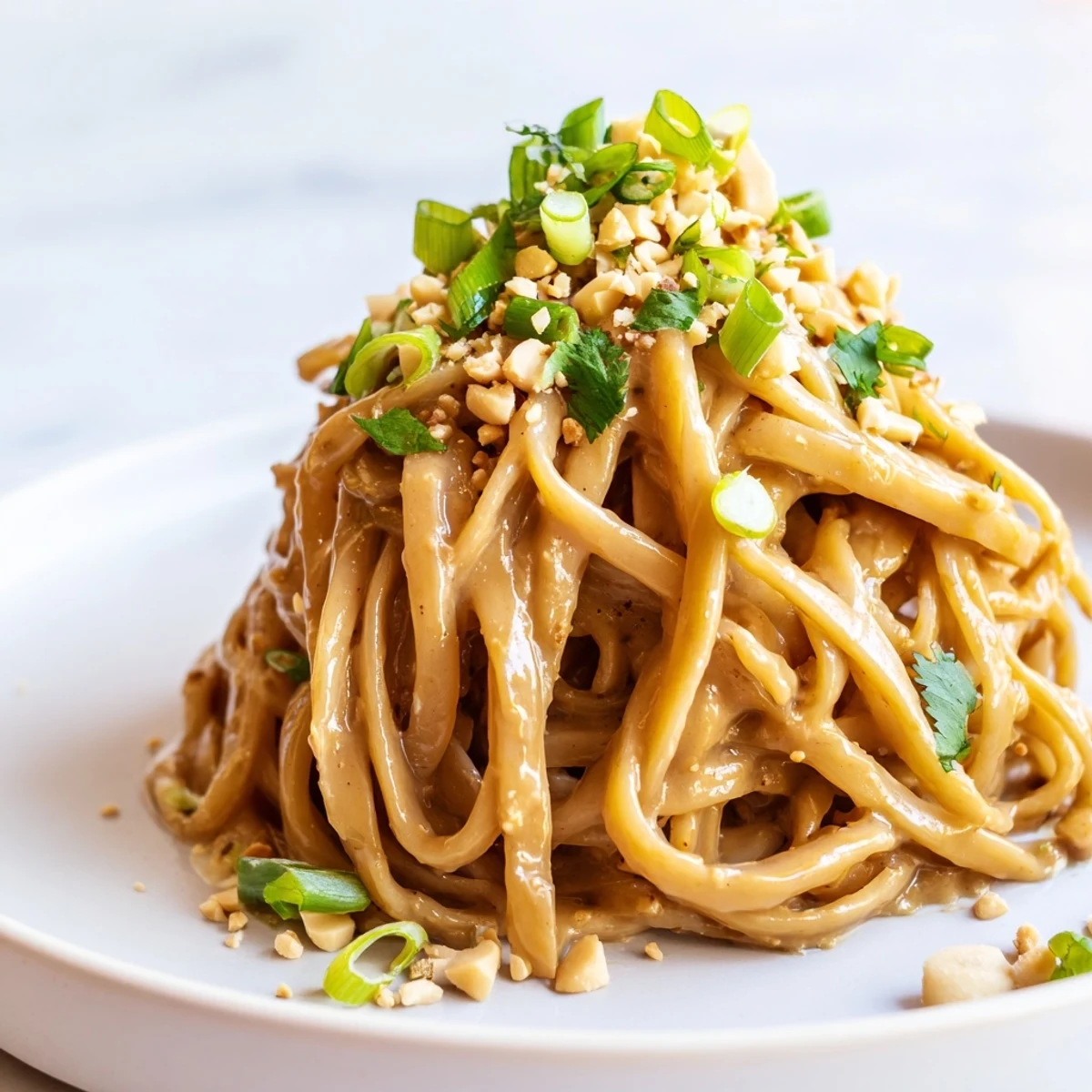 Bowl of sticky peanut butter noodles topped with fresh green onions and sesame seeds