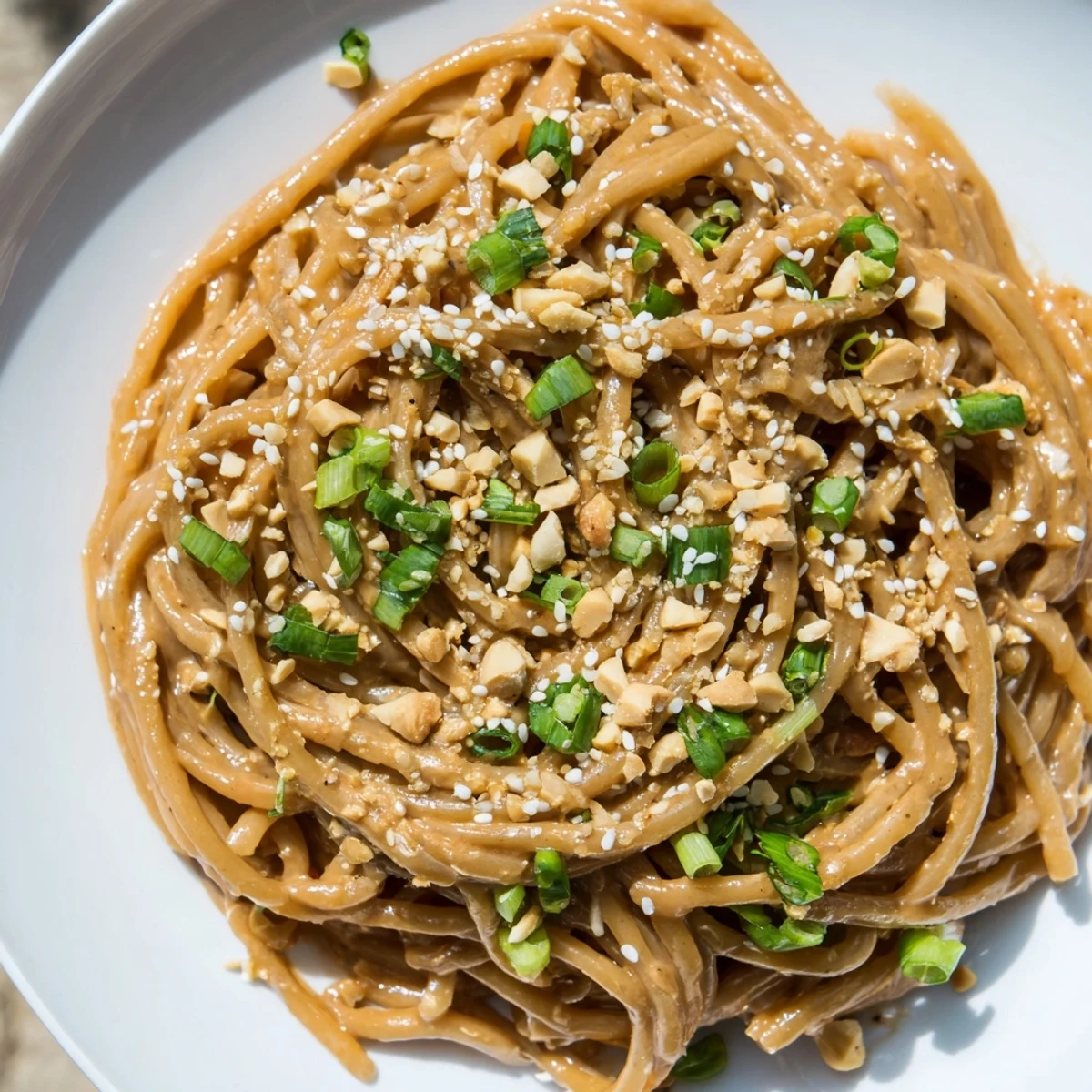 Creamy sticky peanut butter noodles tossed in savory peanut sauce with roasted peanuts