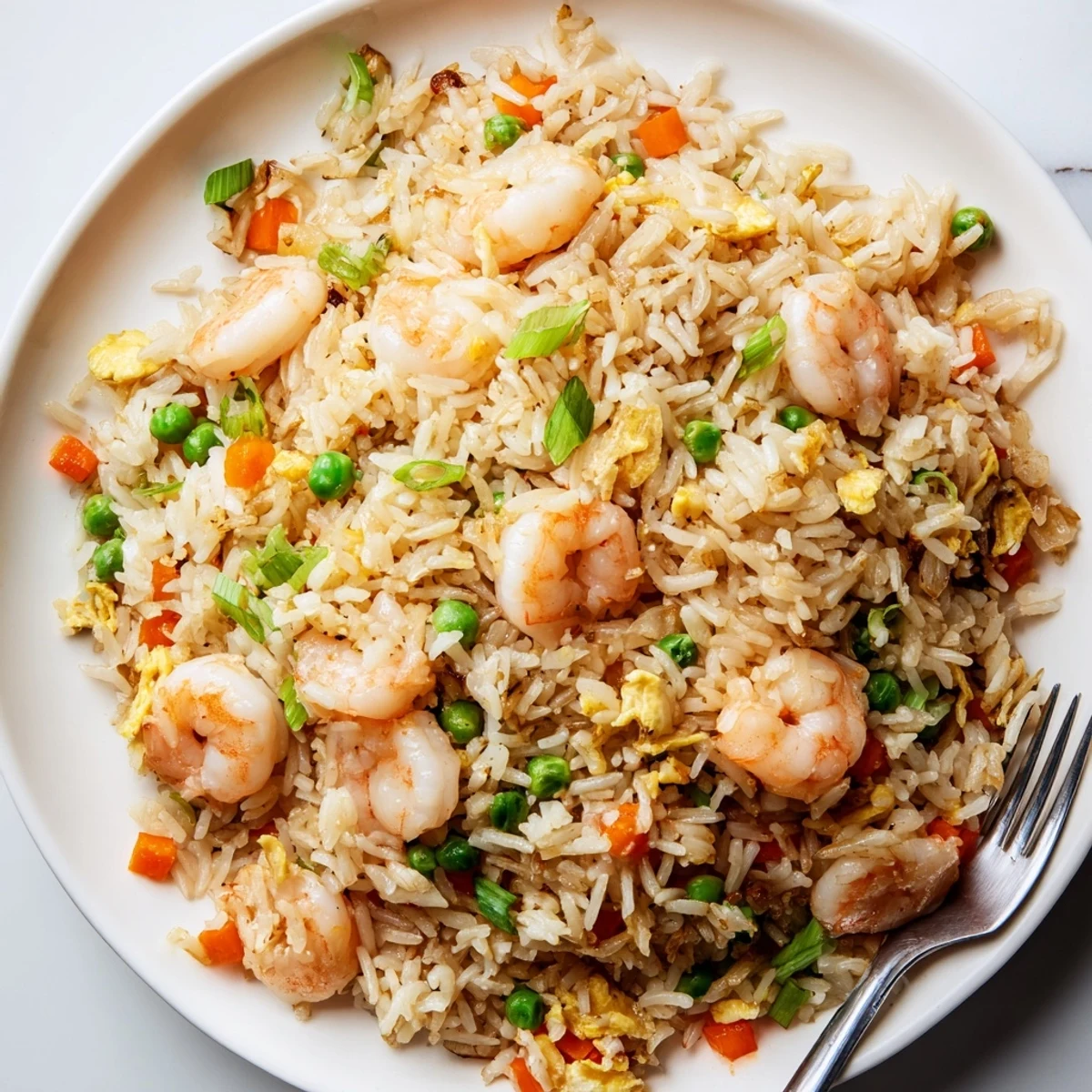 Golden platter of authentic shrimp fried rice studded with colorful peas, carrots, and tender pink shrimp garnished with fresh green onions