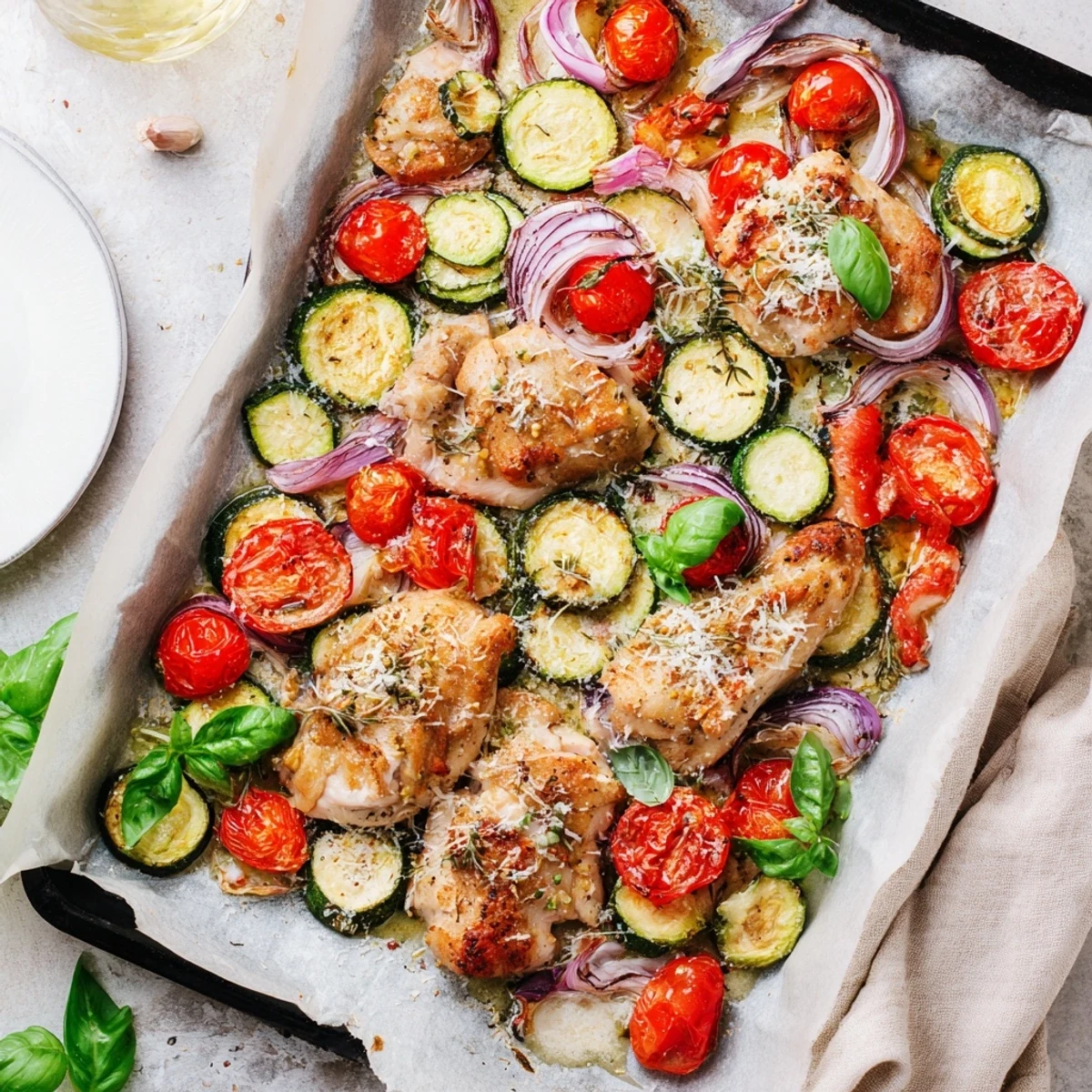 Golden roasted Sheet Pan Italian Chicken surrounded by tender zucchini slices and burst cherry tomatoes