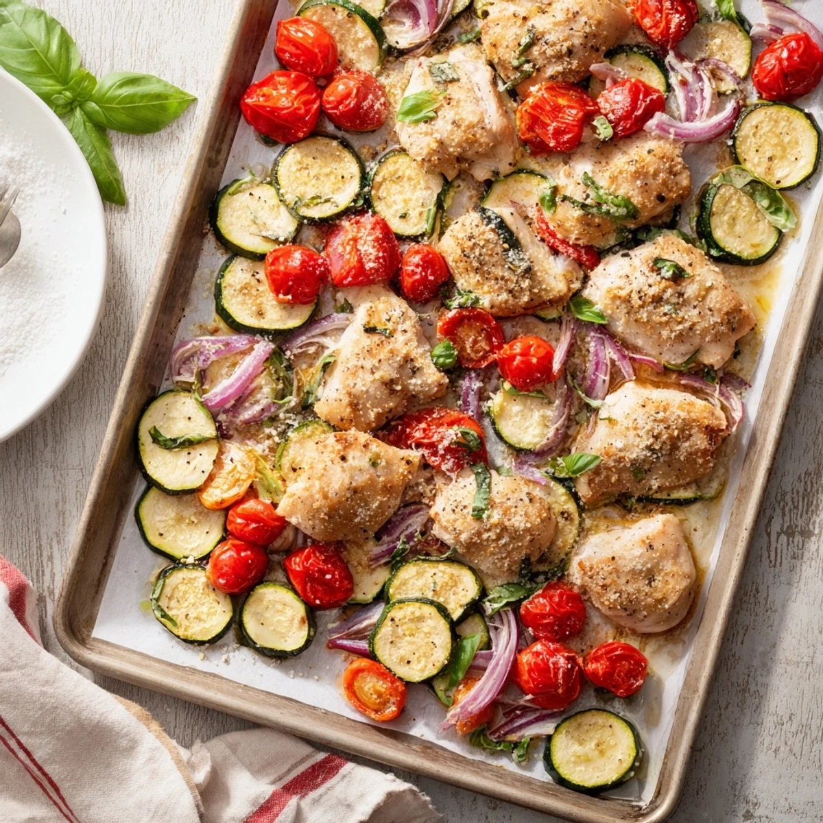 Rustic one-pan Sheet Pan Italian Chicken with colorful vegetables and fresh Parmesan cheese garnish