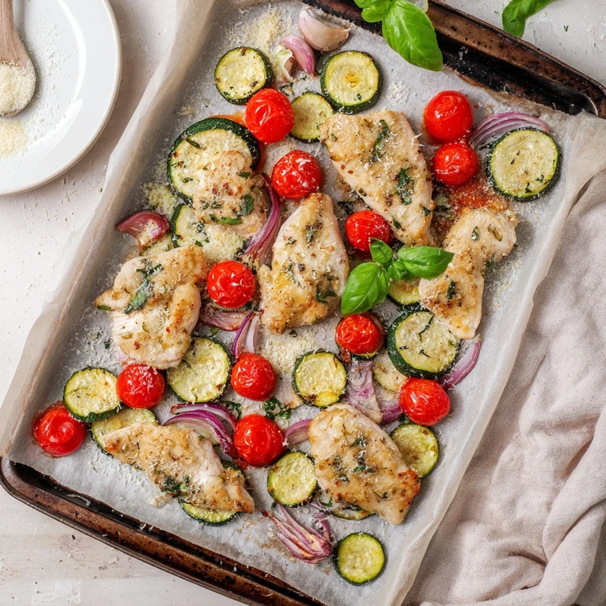 Easy Sheet Pan Italian Chicken dinner featuring juicy marinated breasts with zucchini and roasted tomatoes