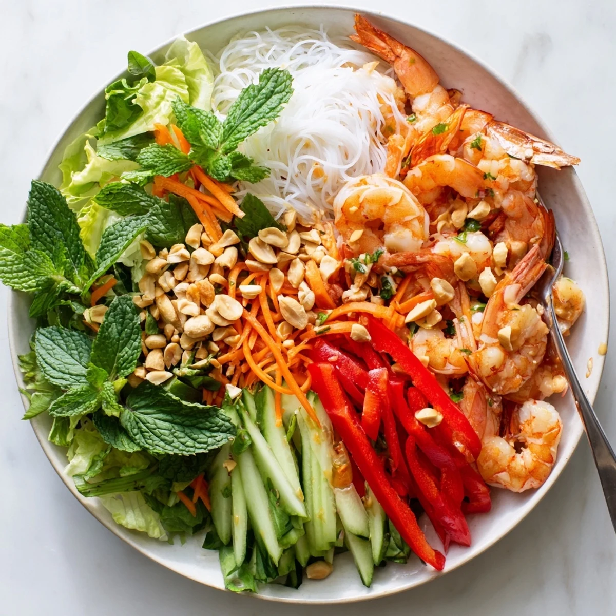 Fresh Spring Roll Salad arrangement showcasing mixed greens, red bell pepper, cucumber, and protein-rich shrimp coated in spicy ginger dressing