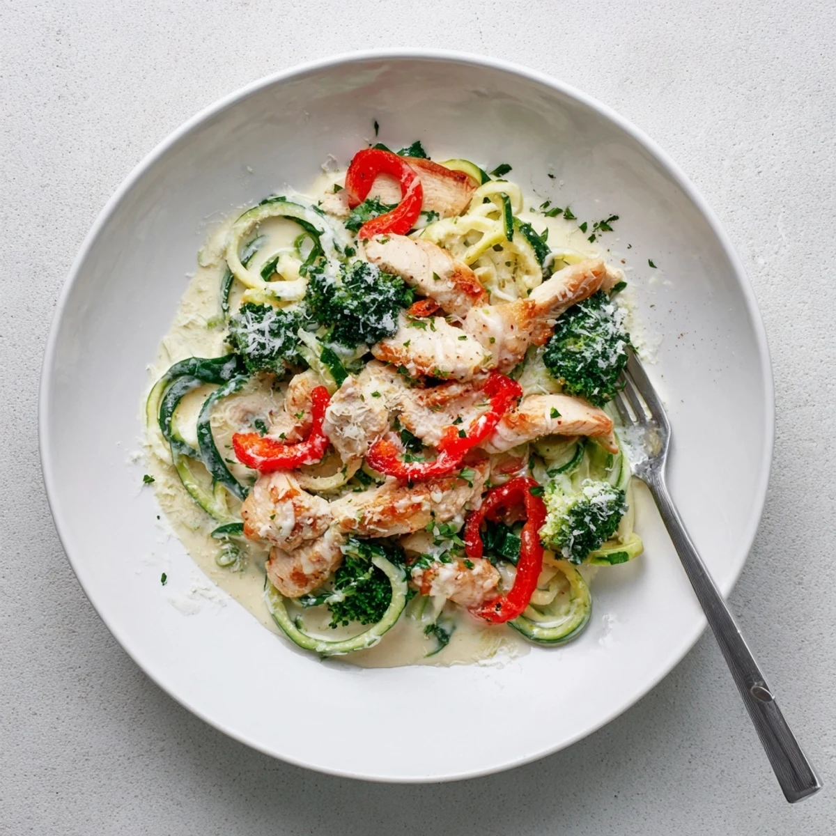 Creamy zucchini noodle chicken Alfredo bowl loaded with colorful vegetables and tender chicken strips