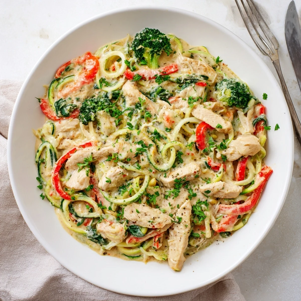 Spiralized zucchini pasta with chicken and veggies in a creamy Parmesan Alfredo sauce