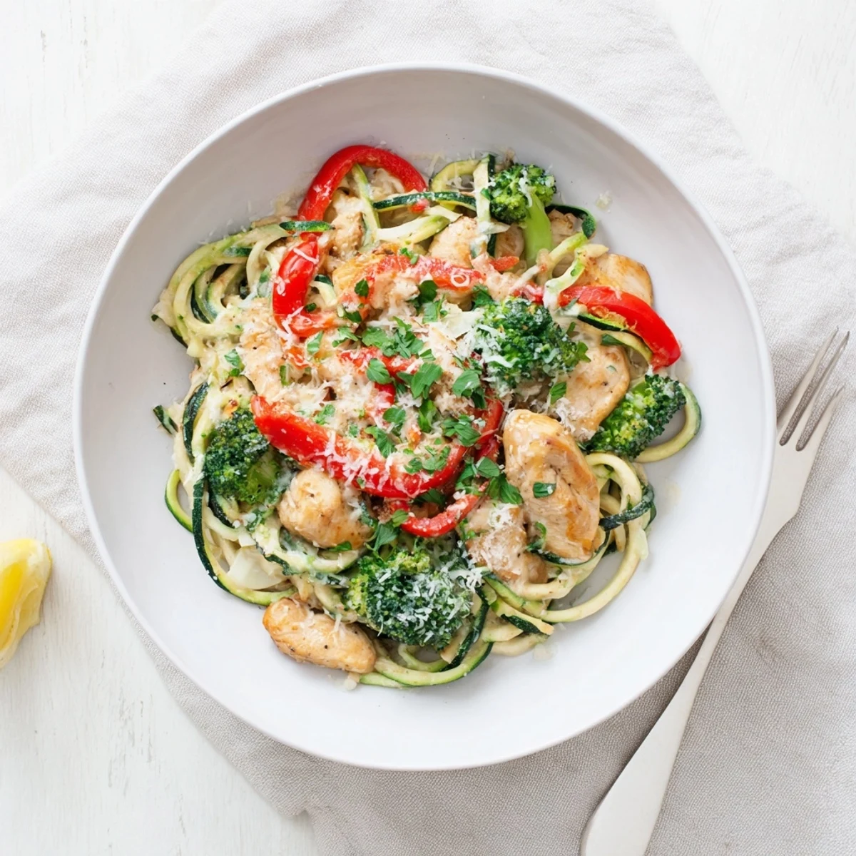 High protein zucchini noodles with Alfredo sauce featuring broccoli, peppers, and juicy chicken breast