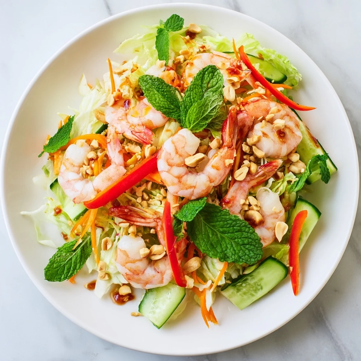 Fresh Spring Roll Salad with Spicy Ginger Dressing tossed with tender shrimp, crunchy vegetables, and fragrant herbs