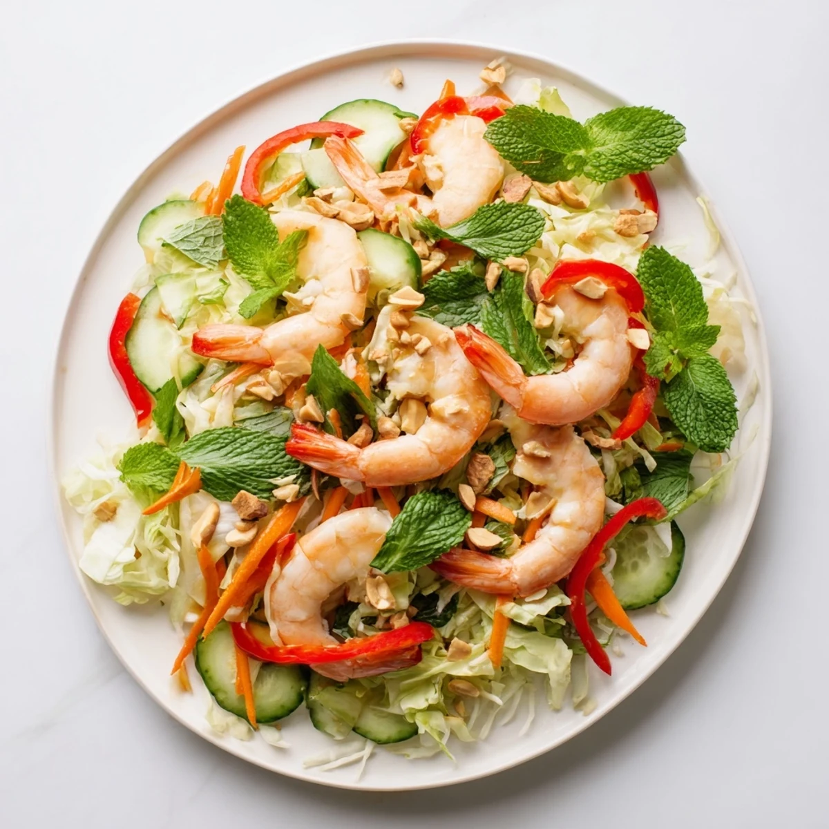 Bowl of Spring Roll Salad with Spicy Ginger Dressing topped with peanuts, cucumber, and vibrant mint and cilantro