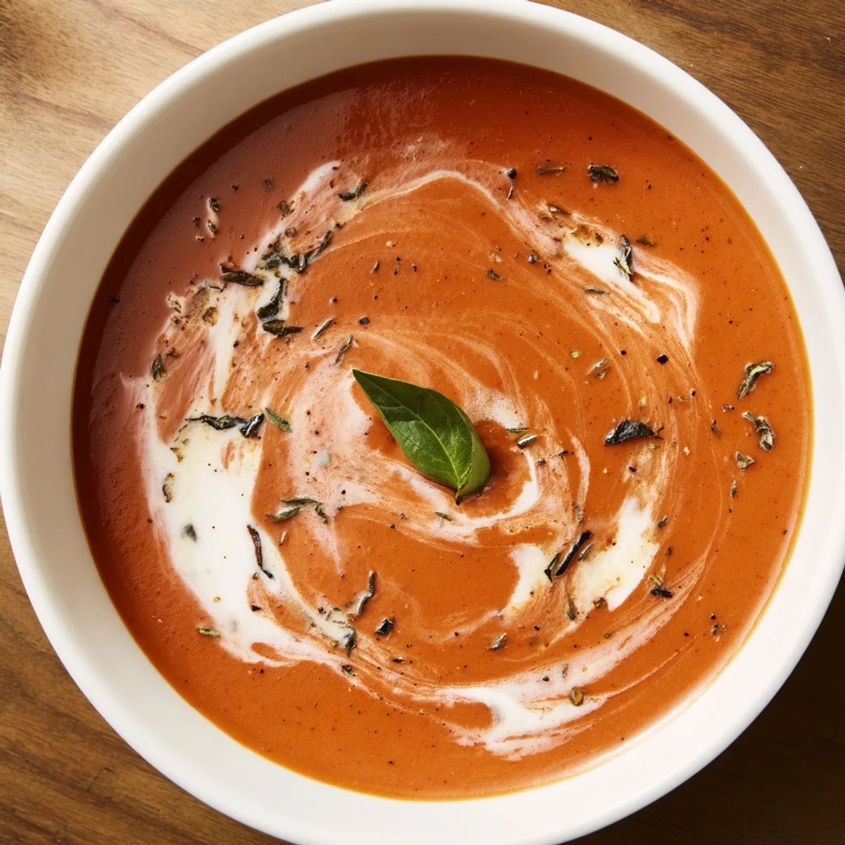 Rich roasted cozy tomato soup with crusty bread on rustic wooden table