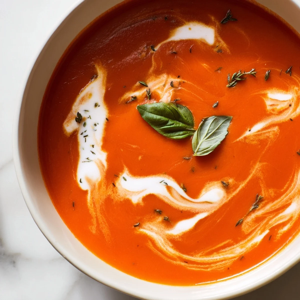 Velvety cozy tomato soup garnished with fresh basil and cream drizzle in white bowl