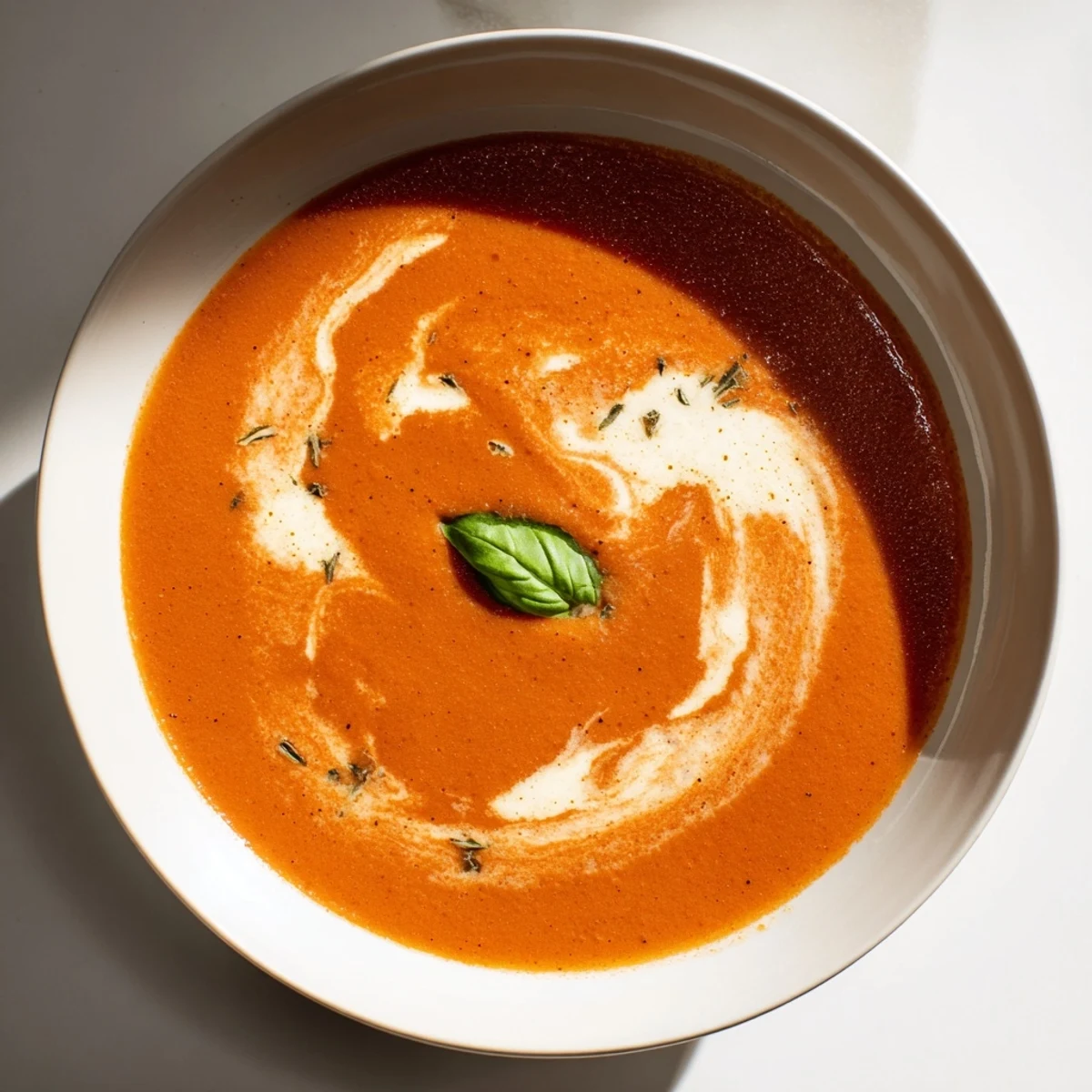 Steaming bowl of cozy tomato soup topped with basil leaf and cream swirl