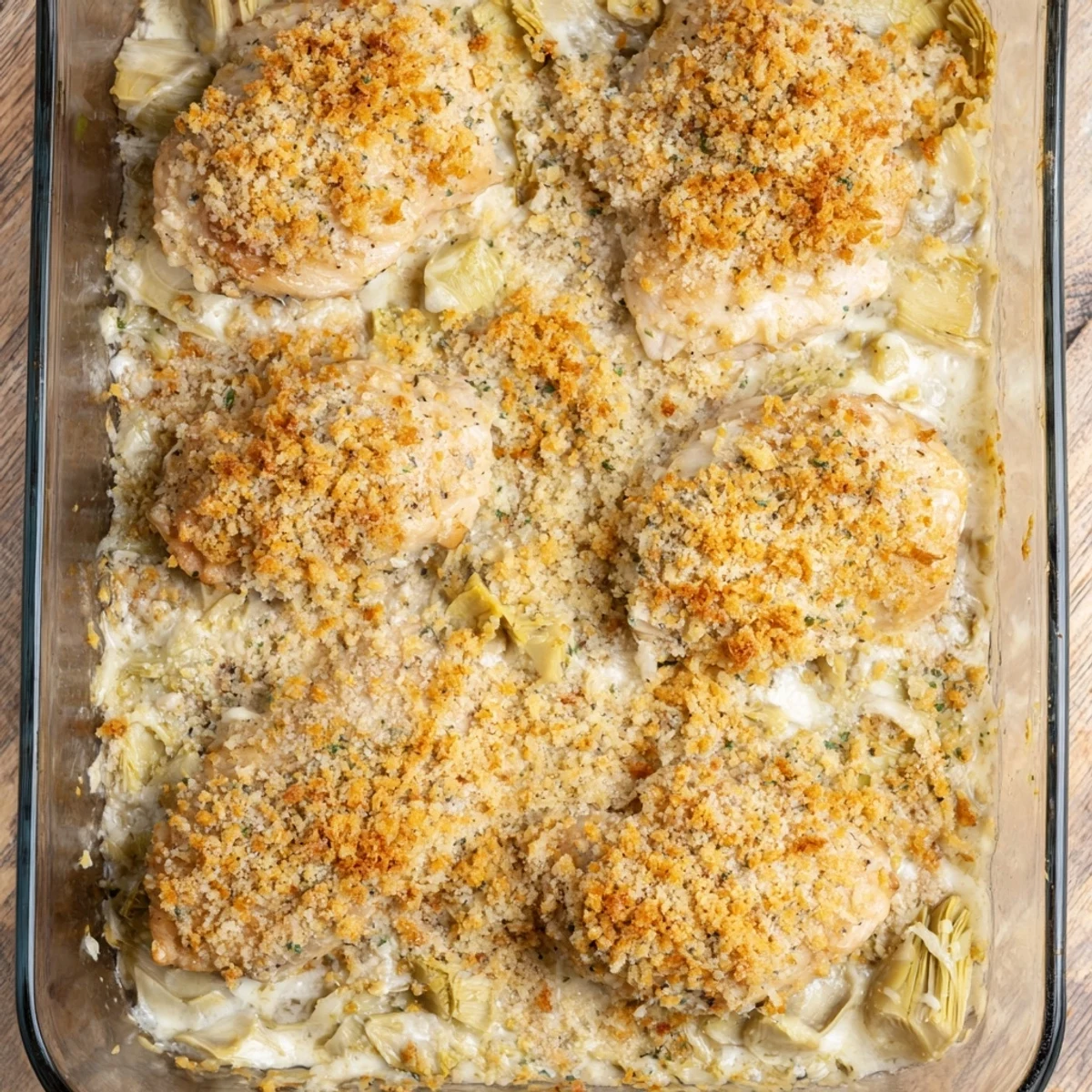Tender chicken breasts smothered in creamy artichoke sauce with melted mozzarella topping