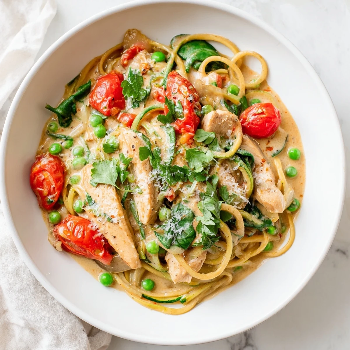 Golden chicken breast with spiralized zucchini noodles and vibrant bell peppers in creamy sauce