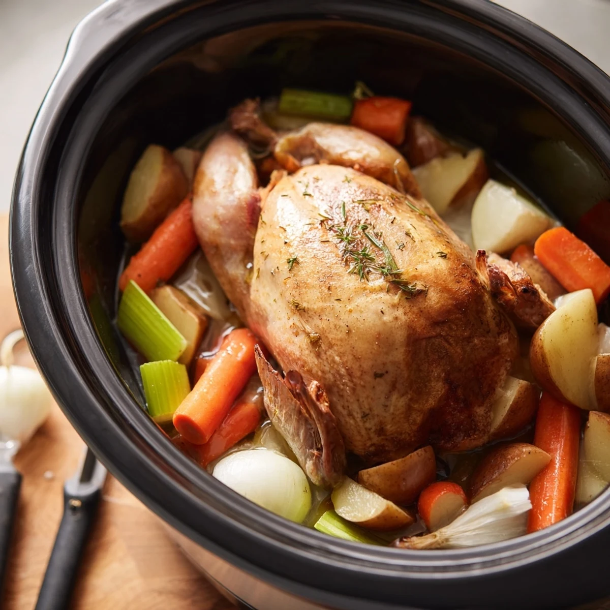 Herb-roasted whole chicken surrounded by colorful root vegetables in a rich, savory Crockpot Chicken Pot Roast