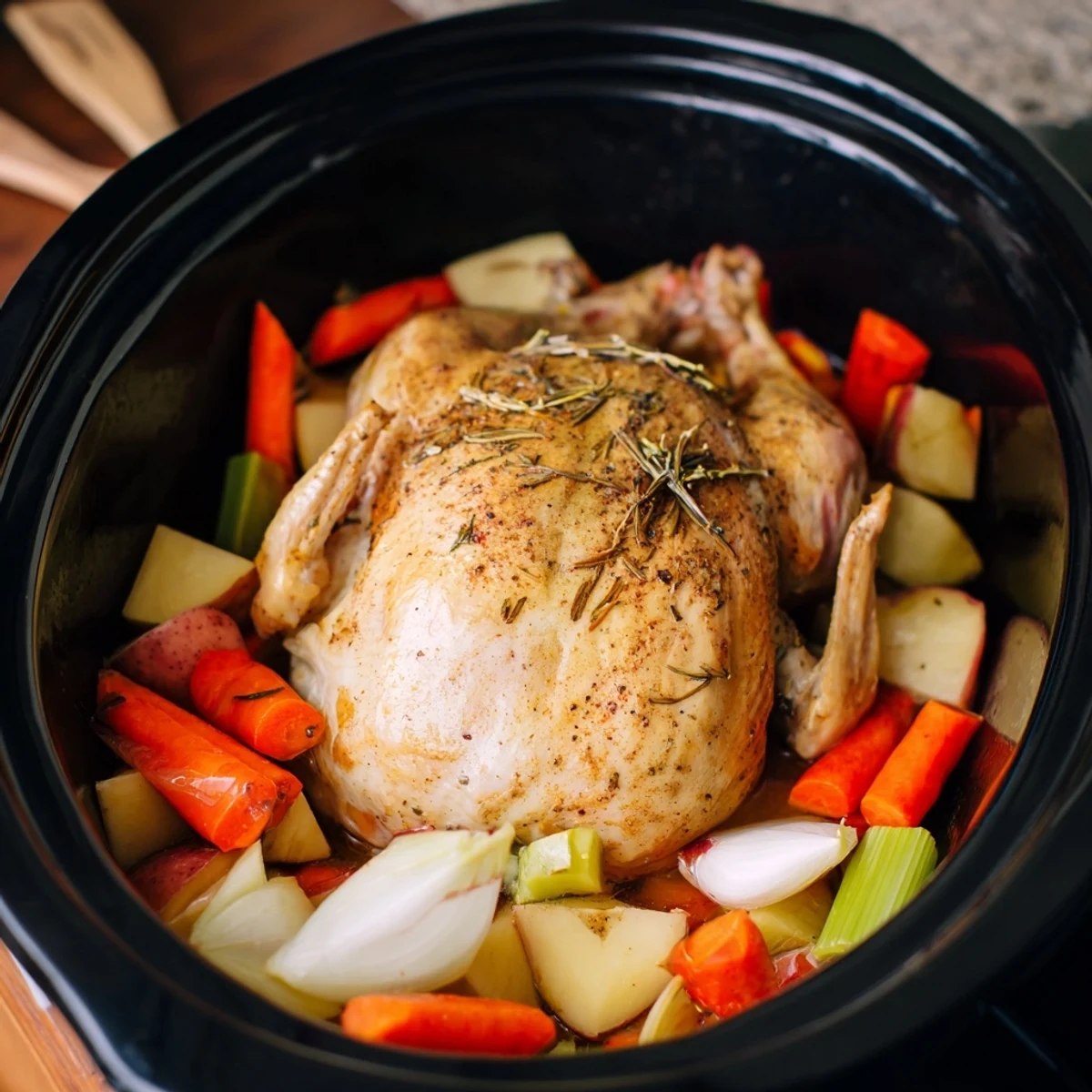 Golden whole chicken nestled beside tender carrots and potatoes in this slow cooker Crockpot Chicken Pot Roast
