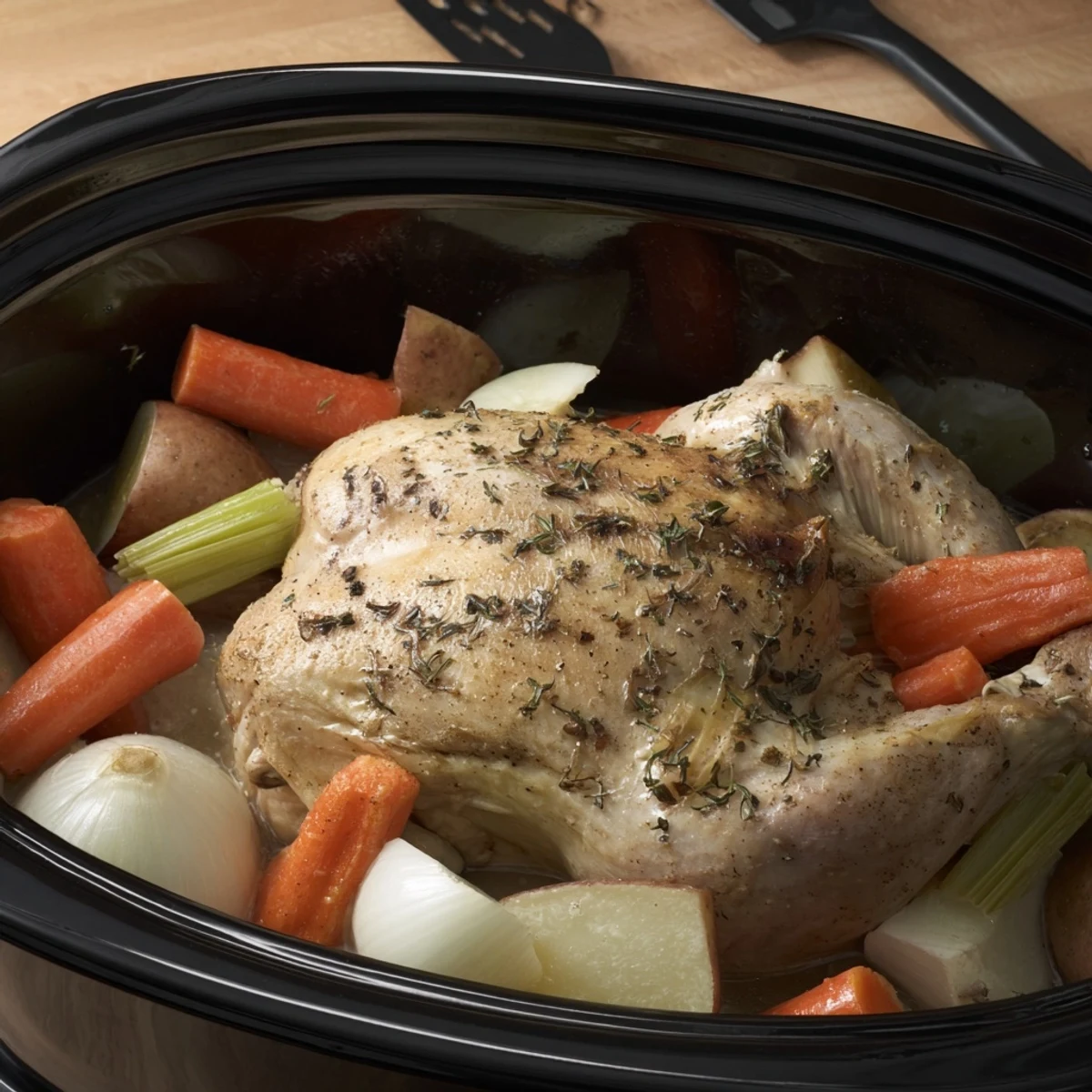 Comforting Crockpot Chicken Pot Roast featuring moist chicken with celery, onions, and herbs in a dark gravy