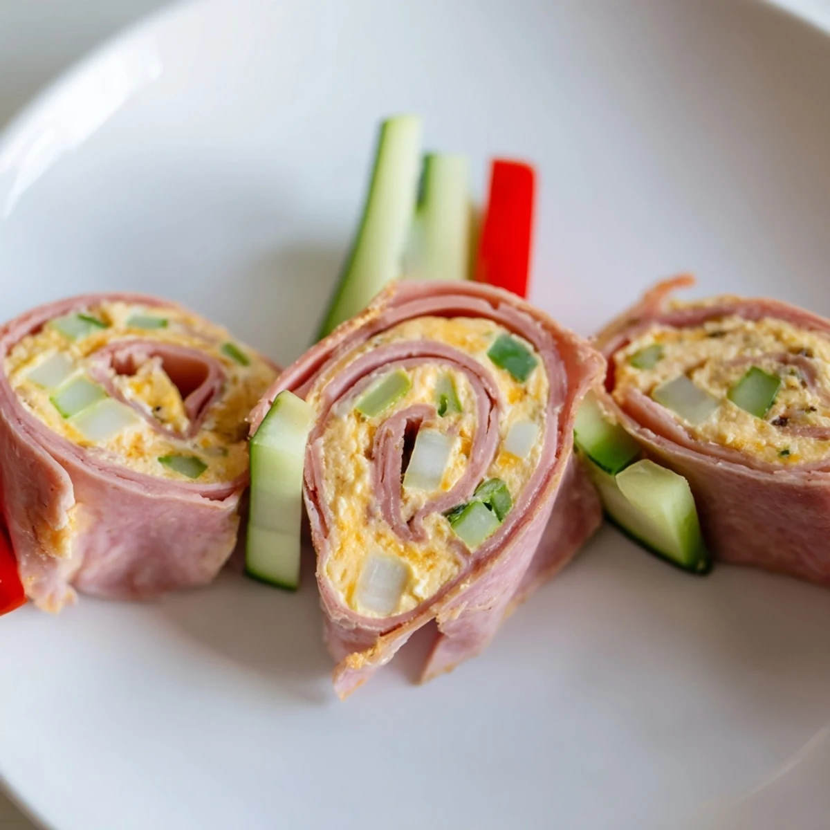 Golden swirls of keto ham roll ups stuffed with cream cheese and crisp colorful vegetable strips