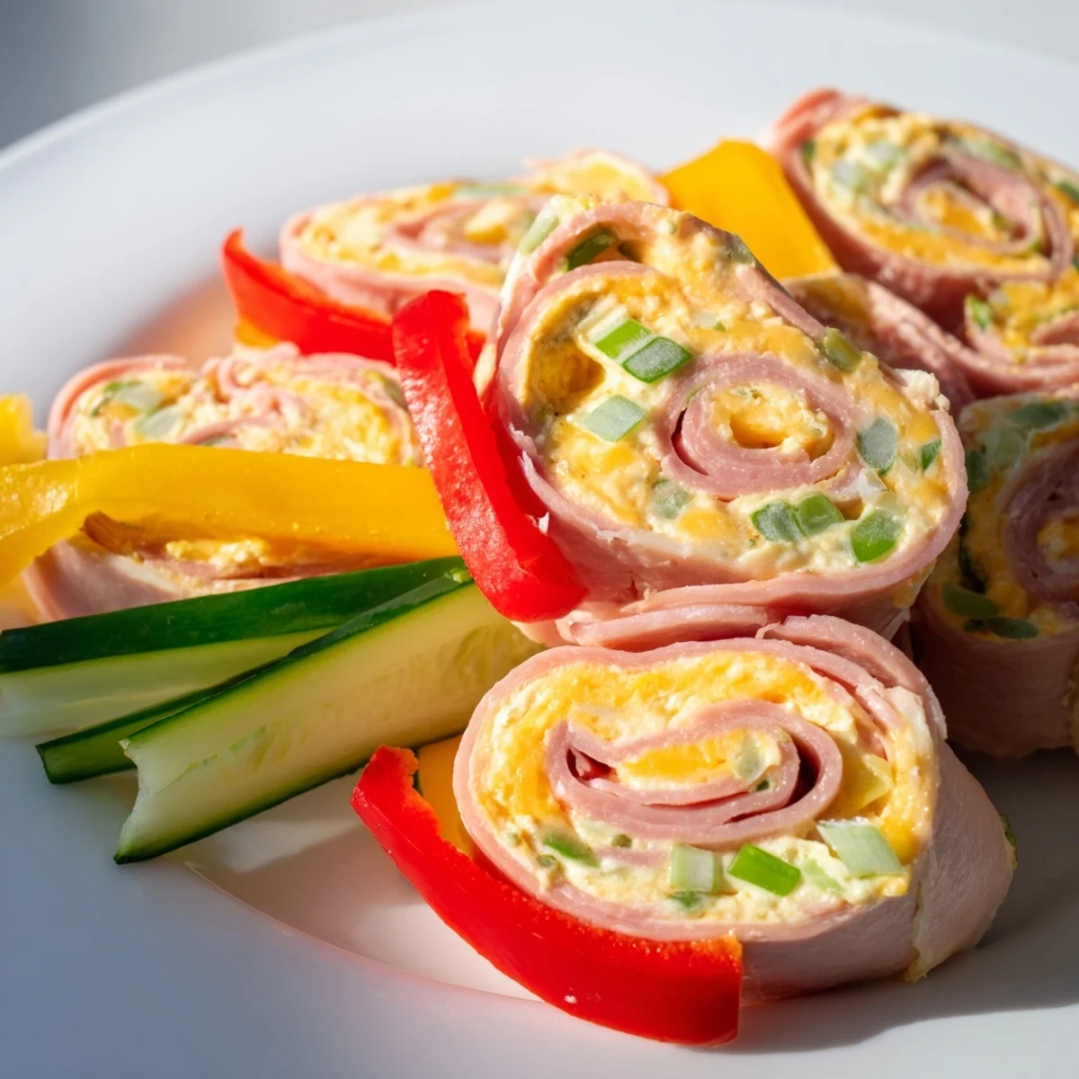 Plate of bite-sized keto ham roll ups showcasing creamy cheddar filling and vibrant julienned peppers