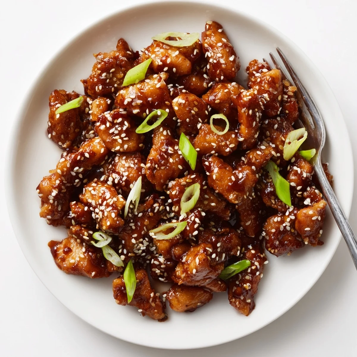 Tender shredded slow cooker sesame chicken served over fluffy white rice with green onions