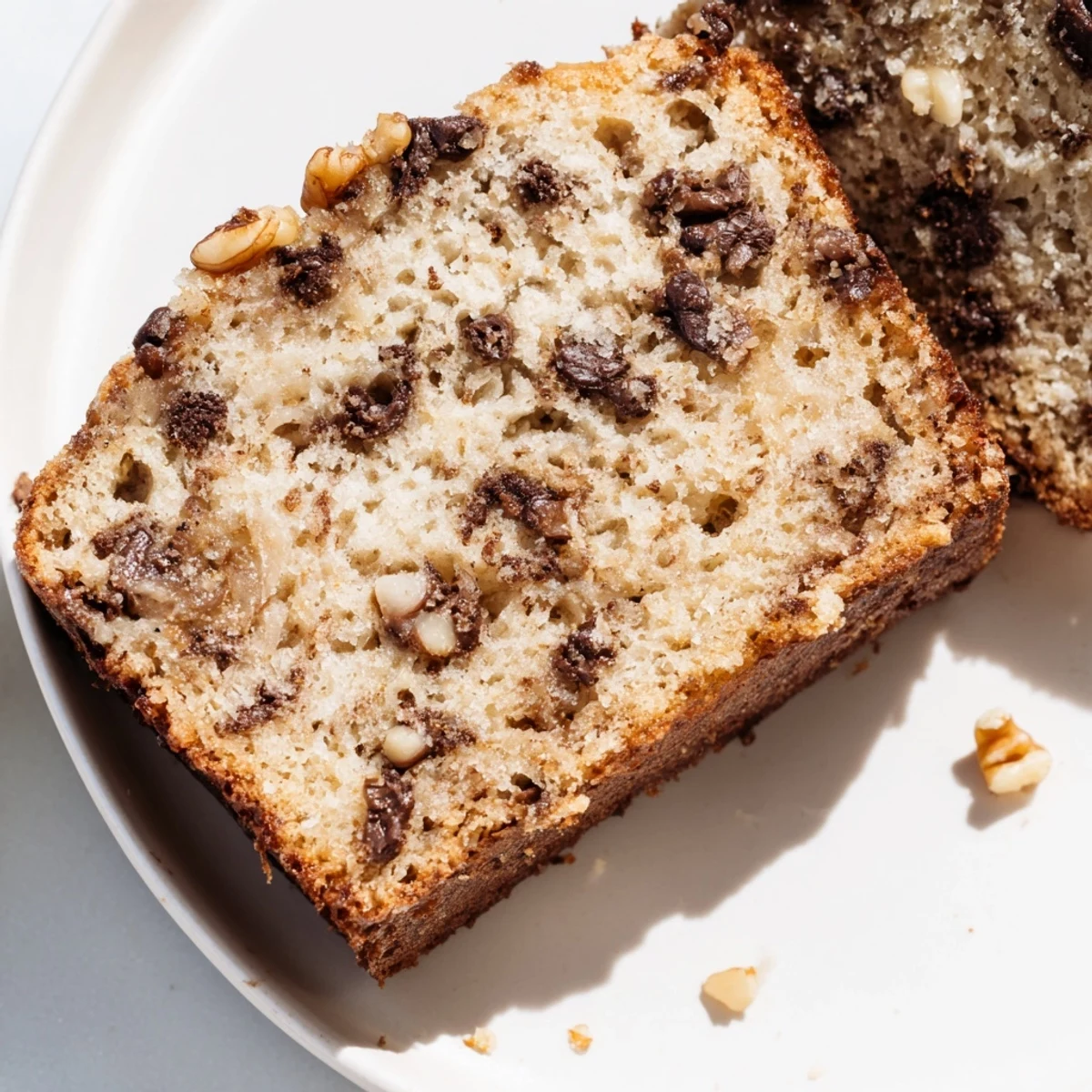 Tender banana bread with sour cream topped with melting butter on a white plate