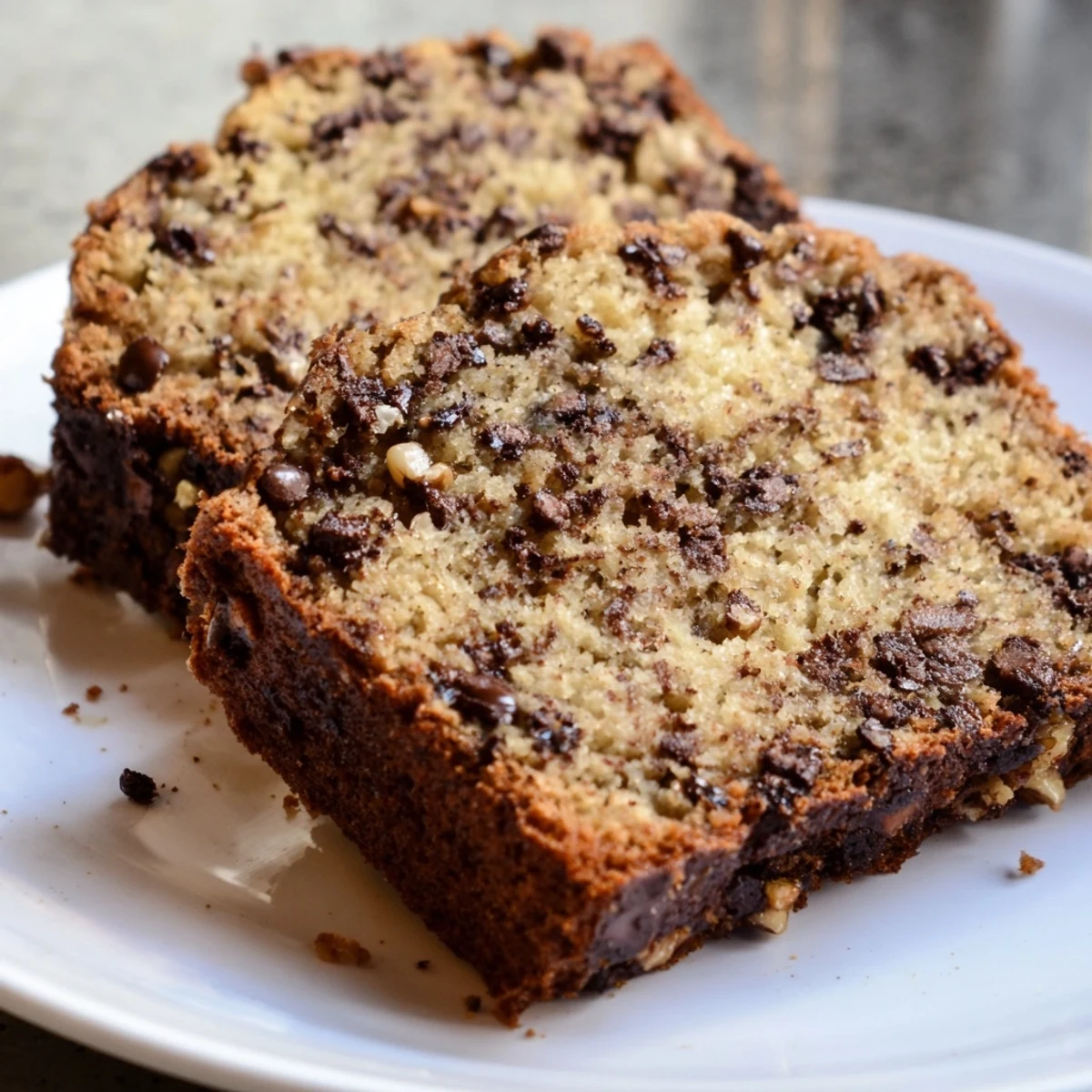 Rich banana bread with sour cream showing moist crumb texture next to cup of coffee