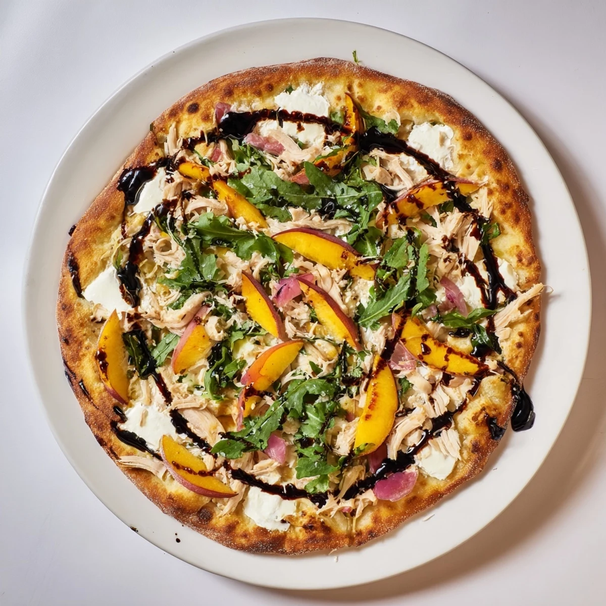 Golden chicken peach ricotta pizza topped with fresh arugula and drizzled with balsamic glaze