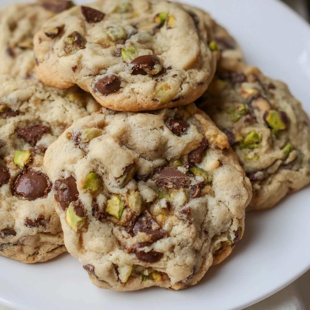 Soft pistachio cream chocolate chip cookies stacked on a white wire cooling rack, edges golden brown with melted chocolate chips visible throughout the chewy dough