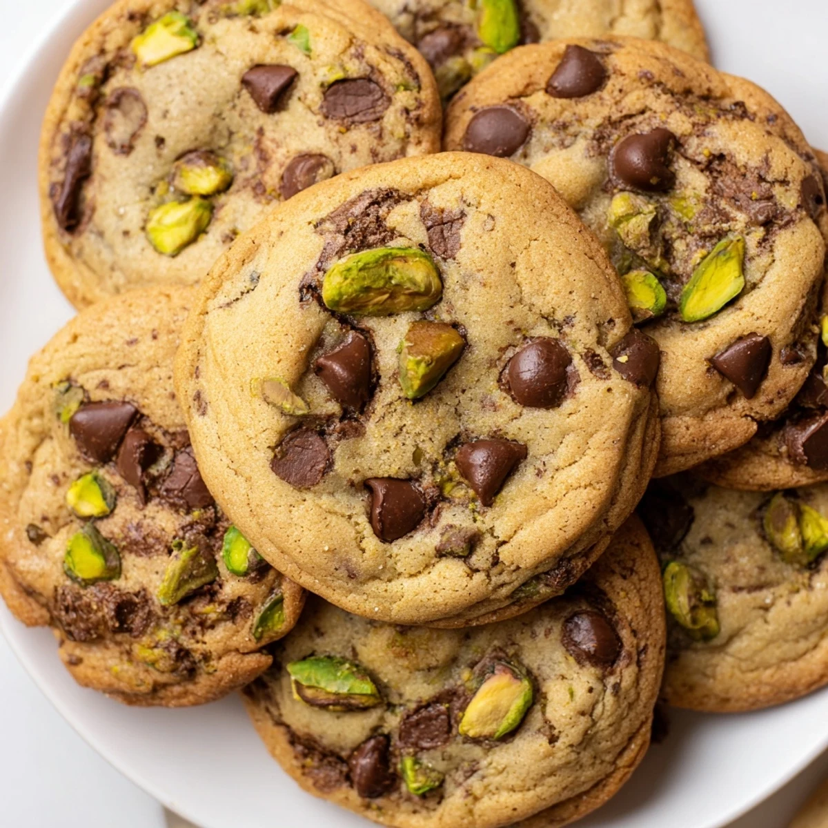 Warm pistachio cream chocolate chip cookies photographed from above, displaying soft centers with a greenish pistachio swirl and generous chocolate chip distribution on a baking sheet